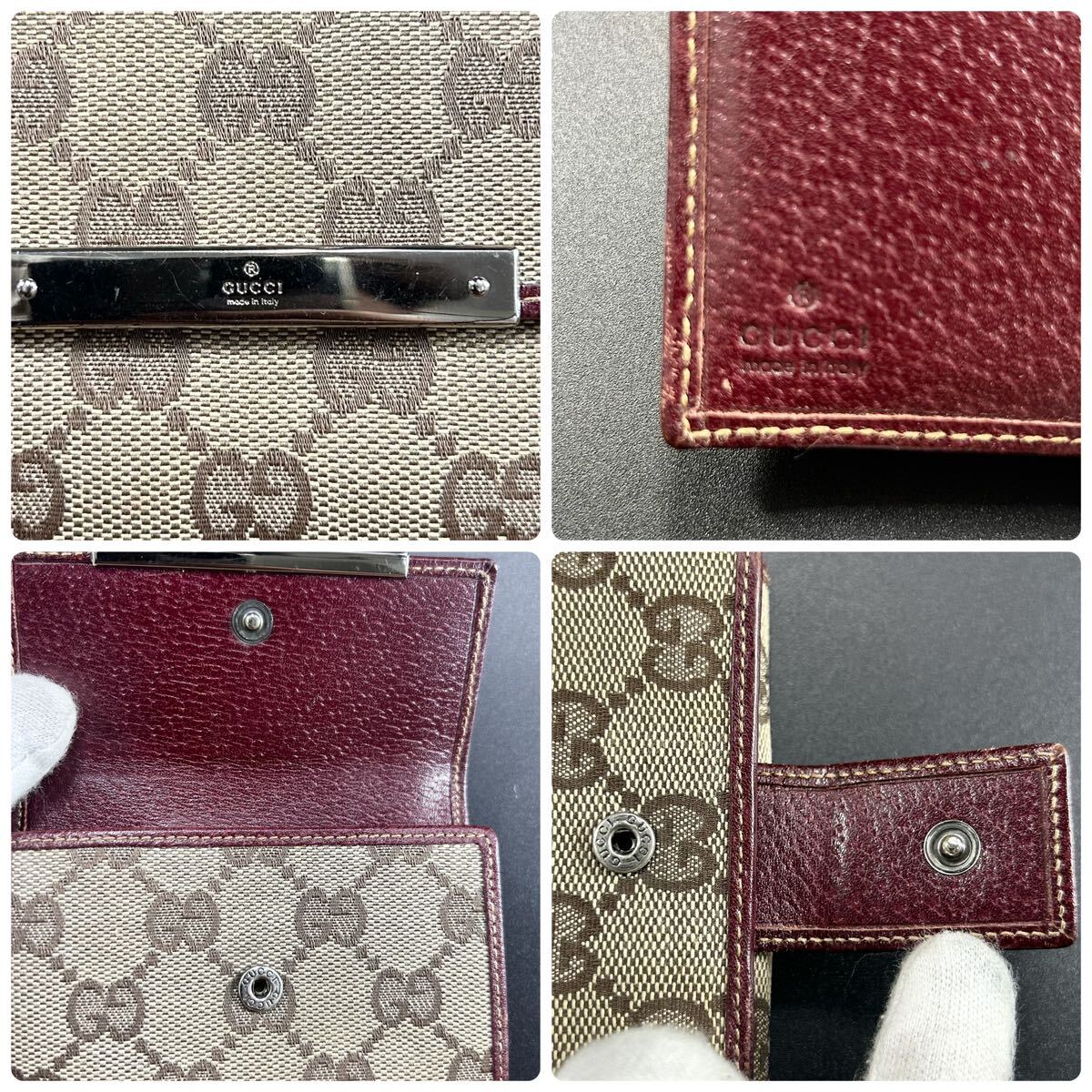 1円〜 GUCCI グッチ メンズ レディース 折財布 レザー×キャンバス GG ロゴプレート 札入れ コインケース レッド 赤系の画像6