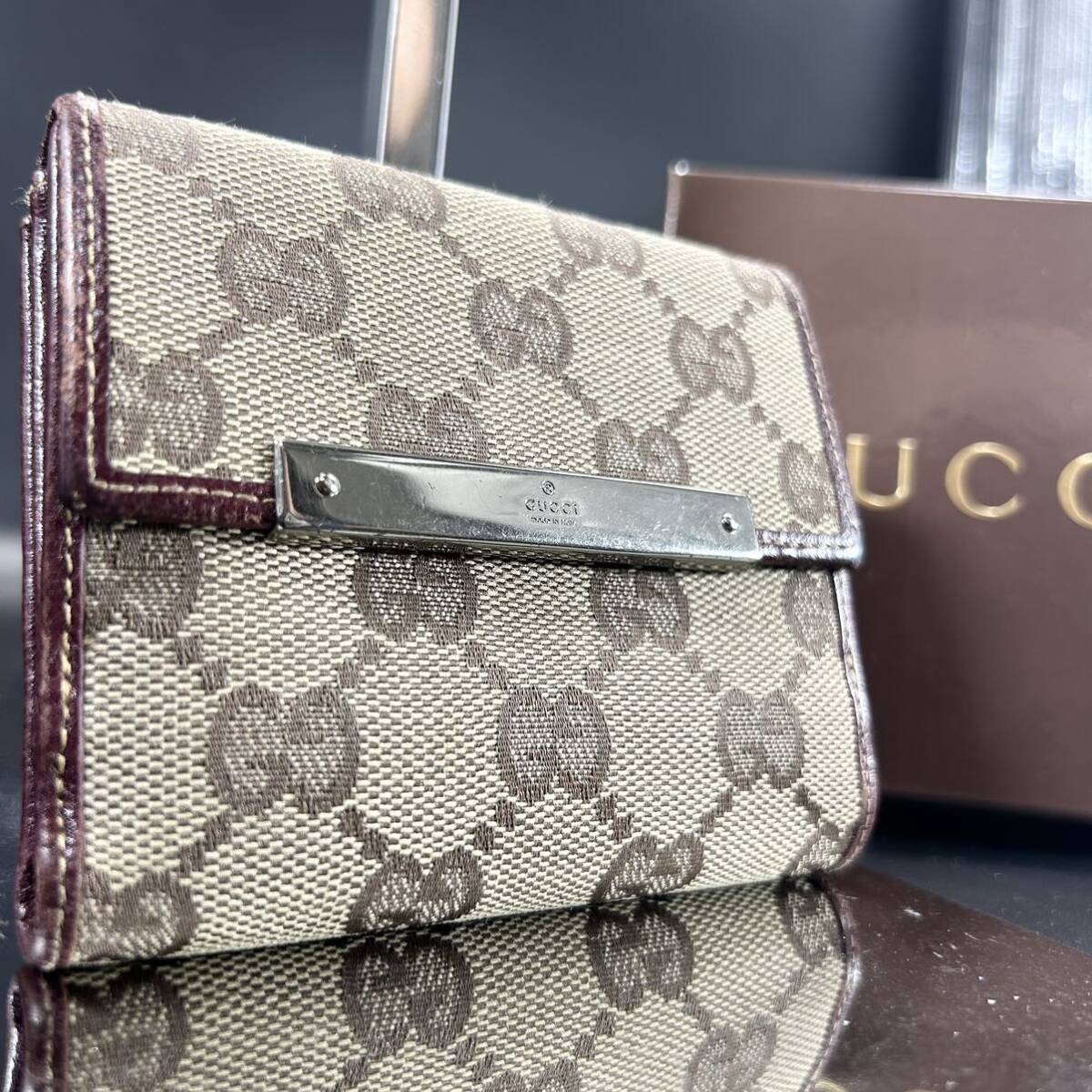 1円〜 GUCCI グッチ メンズ レディース 折財布 レザー×キャンバス GG ロゴプレート 札入れ コインケース レッド 赤系の画像1