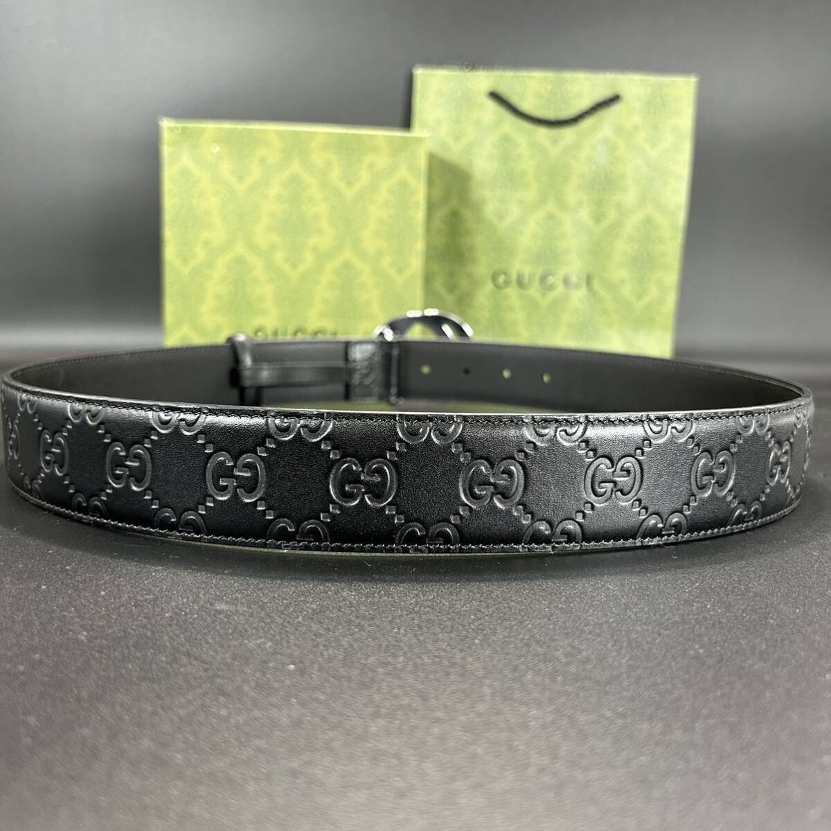 【美品】1円 GUCCI グッチ ベルト インターロッキング デカロゴ GG ブラック 黒 シルバー金具 通勤 通学 仕事 ビジネス メンズ 3.8cm幅_画像8