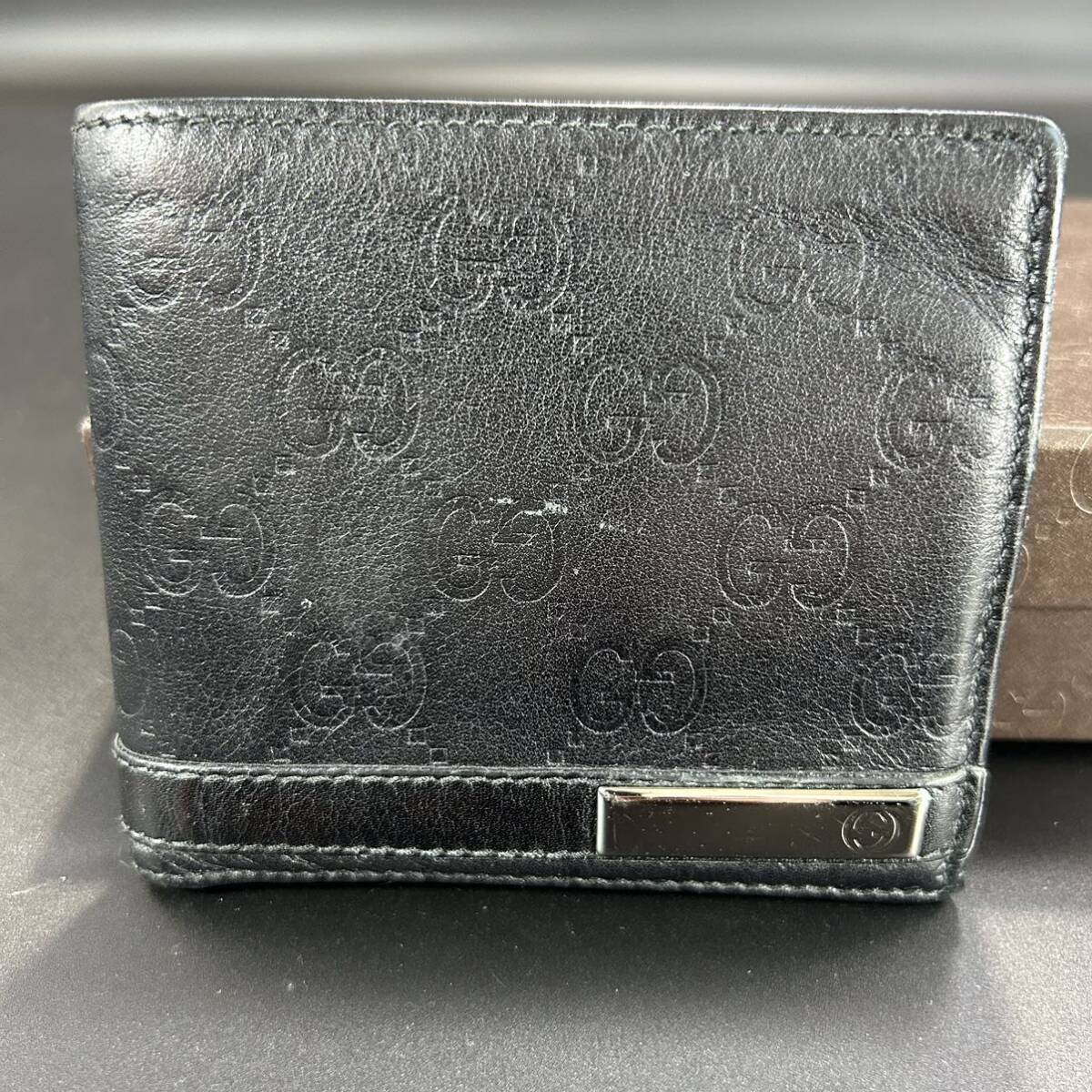 1円〜 GUCCI グッチ 折り財布 シマ レザー インターロッキング ロゴ金具 コンパクト 黒 ブラック 二つ折り 2つ折り財布 ウォレット Wallet_画像2