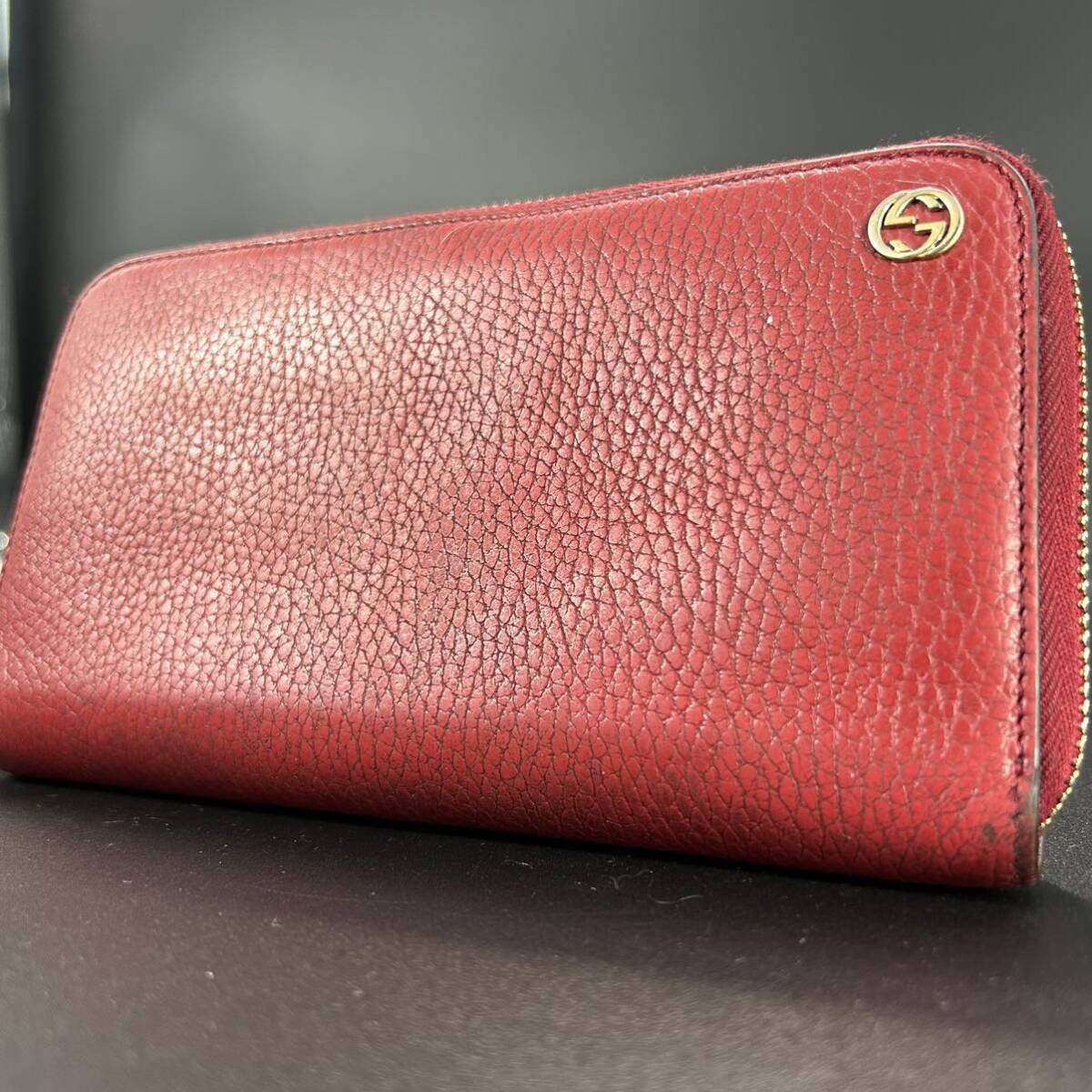 1円〜 GUCCI グッチ 長財布 財布 レザー インターロッキング ラウンドファスナー ジッピーウォレット ロゴ レッド 赤系 ウォレット Wallet_画像1