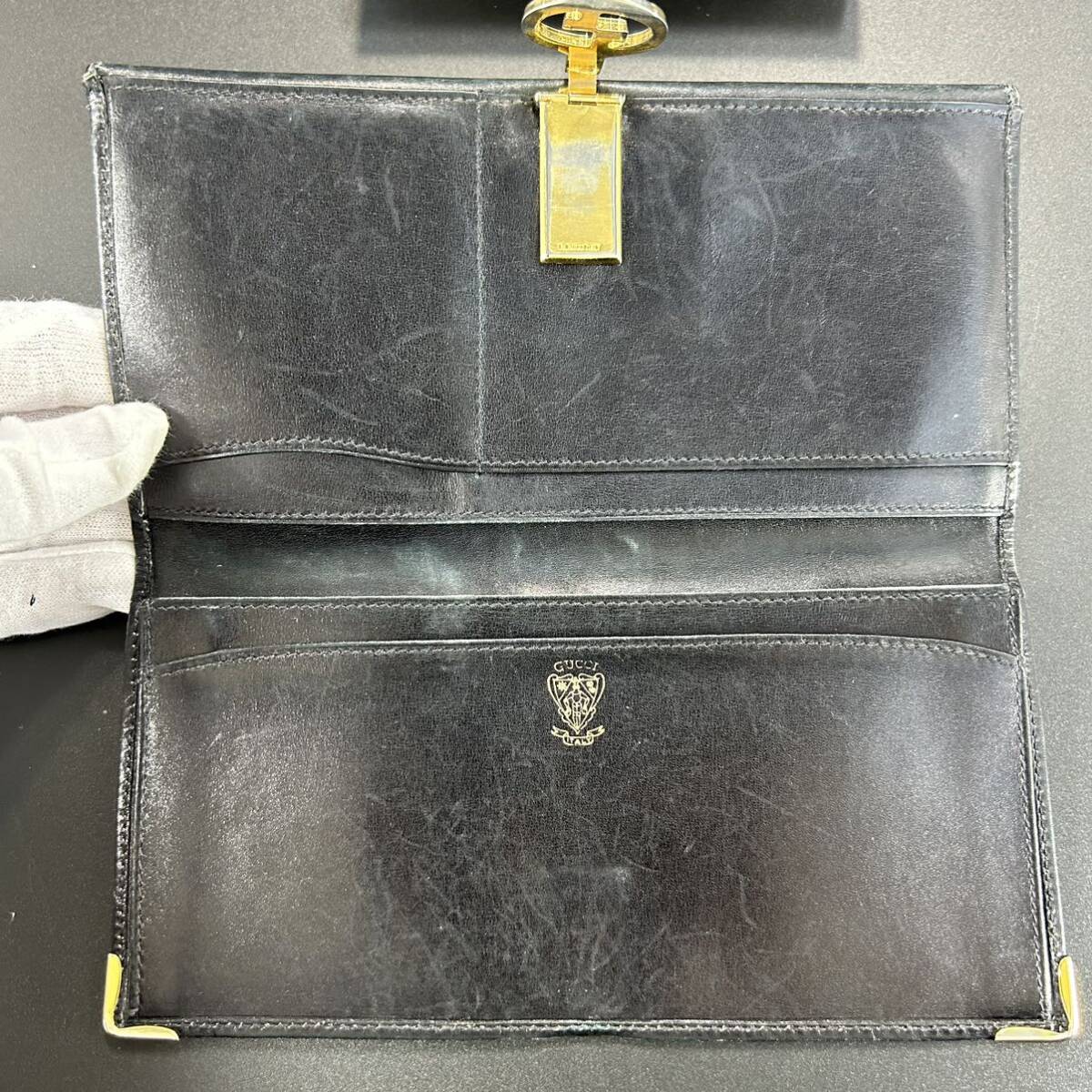 1円〜 GUCCI グッチ 長財布 財布 レザー シェリーライン 手帳型 クリップ ロゴ金具 ブラック 黒系 ウォレット Wallet メンズ レディース_画像4