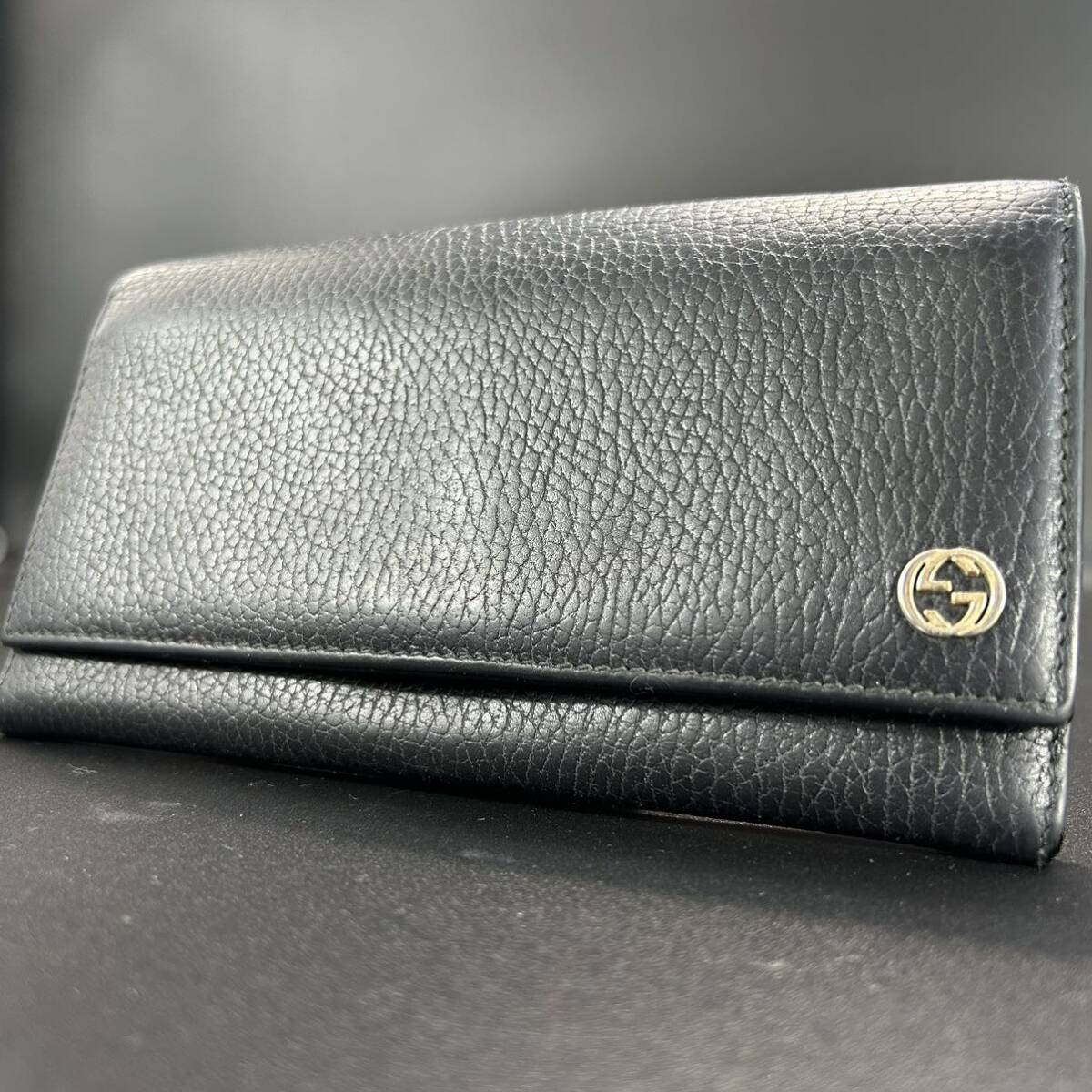 1円〜 GUCCI グッチ 長財布 財布 レザー インターロッキング ロゴ金具 ブラック 黒系 ウォレット Wallet メンズ レディース_画像1