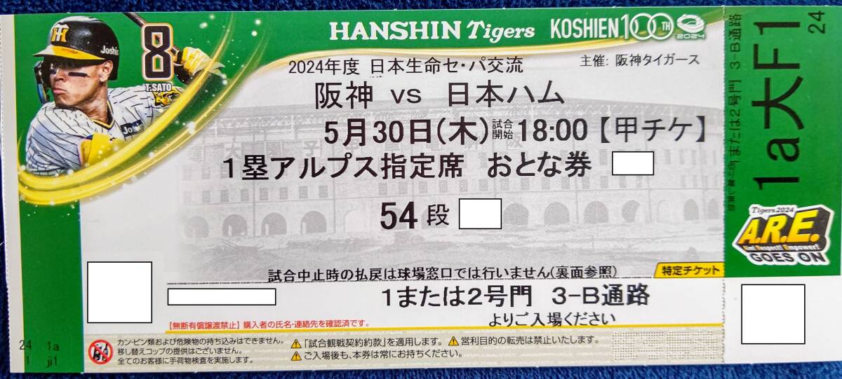 5 месяц 30 день ( дерево )2024sepa переменный ток битва Hanshin Tigers VS Япония ветчина Fighter z Koshien лампочка место 1. Alps указание сиденье 54 уровень 1 листов 