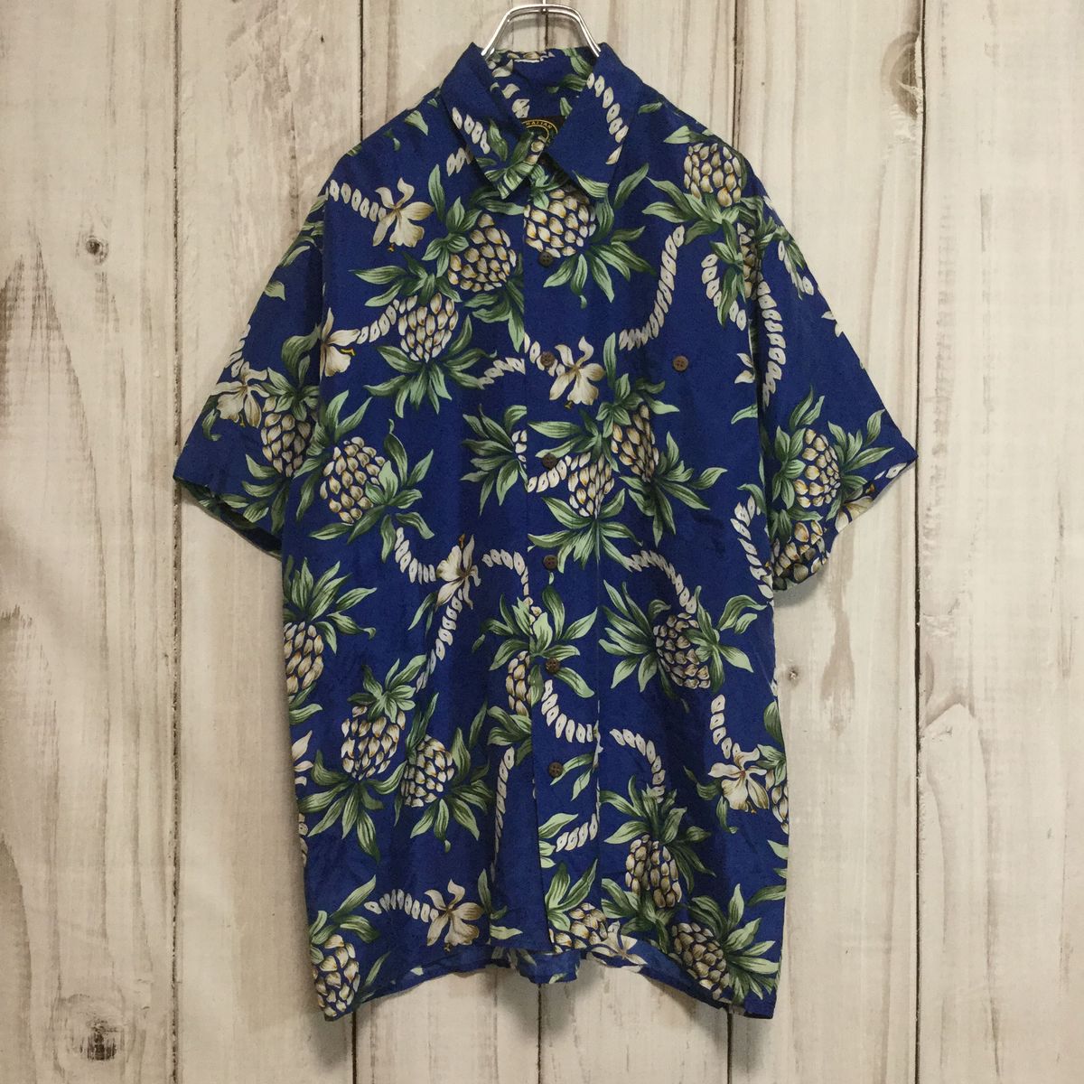 【シルク100 アロハシャツ+Tシャツセット】パイナップル ココナッツボタン オープンカラー M ブルー 古着