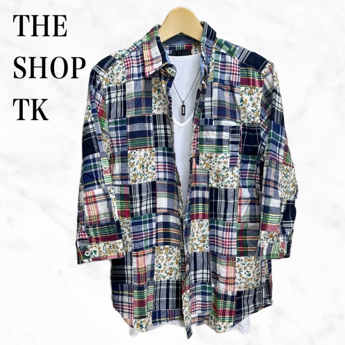 THE SHOP TK チェックシャツ パッチワークシャツ 七分袖シャツの画像1