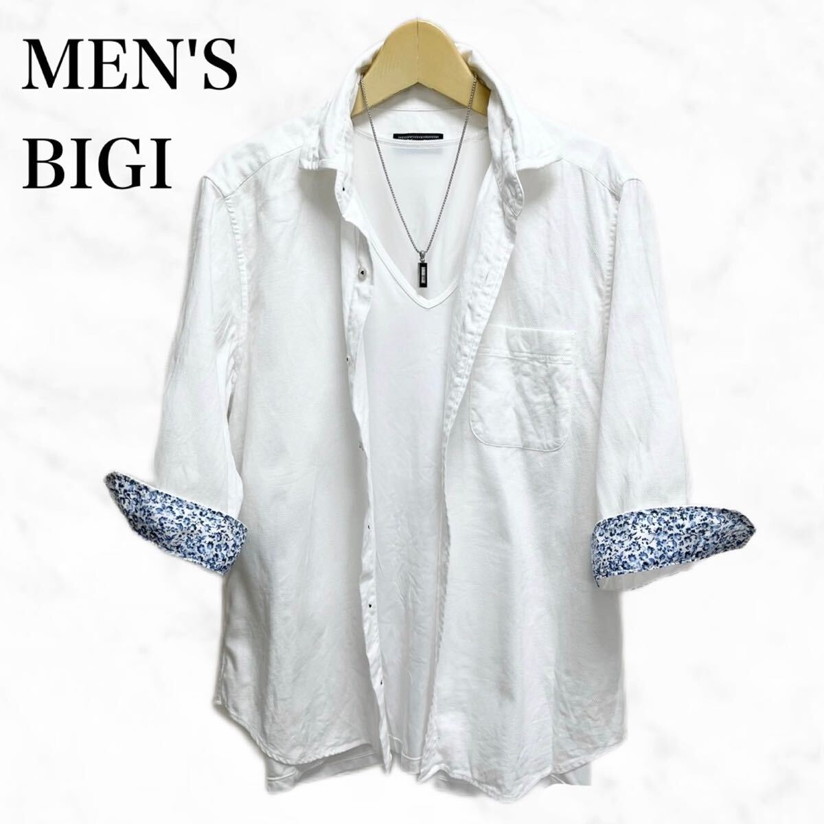 MEN'S BIGI 七分袖シャツ　コットンリネンシャツ　白シャツ　日本製