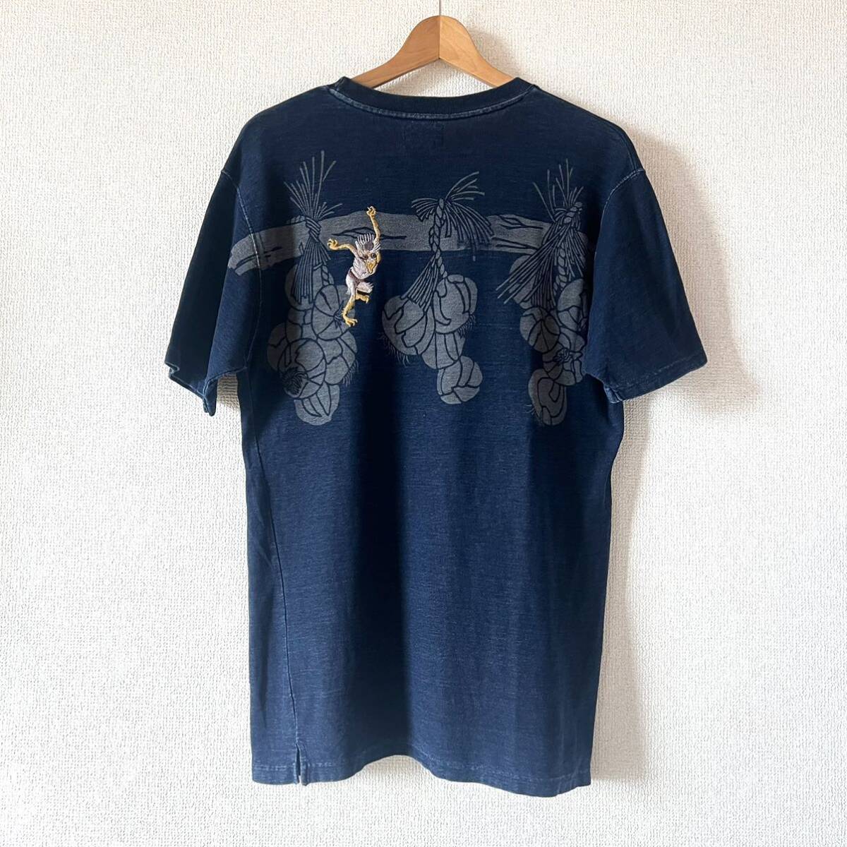 京都 衣 藍染 染め抜き刺繍入り 半袖 Tシャツ Lサイズ COROMOOL コロモール オスティアジャパン インディゴ 河童 カッパ 和柄