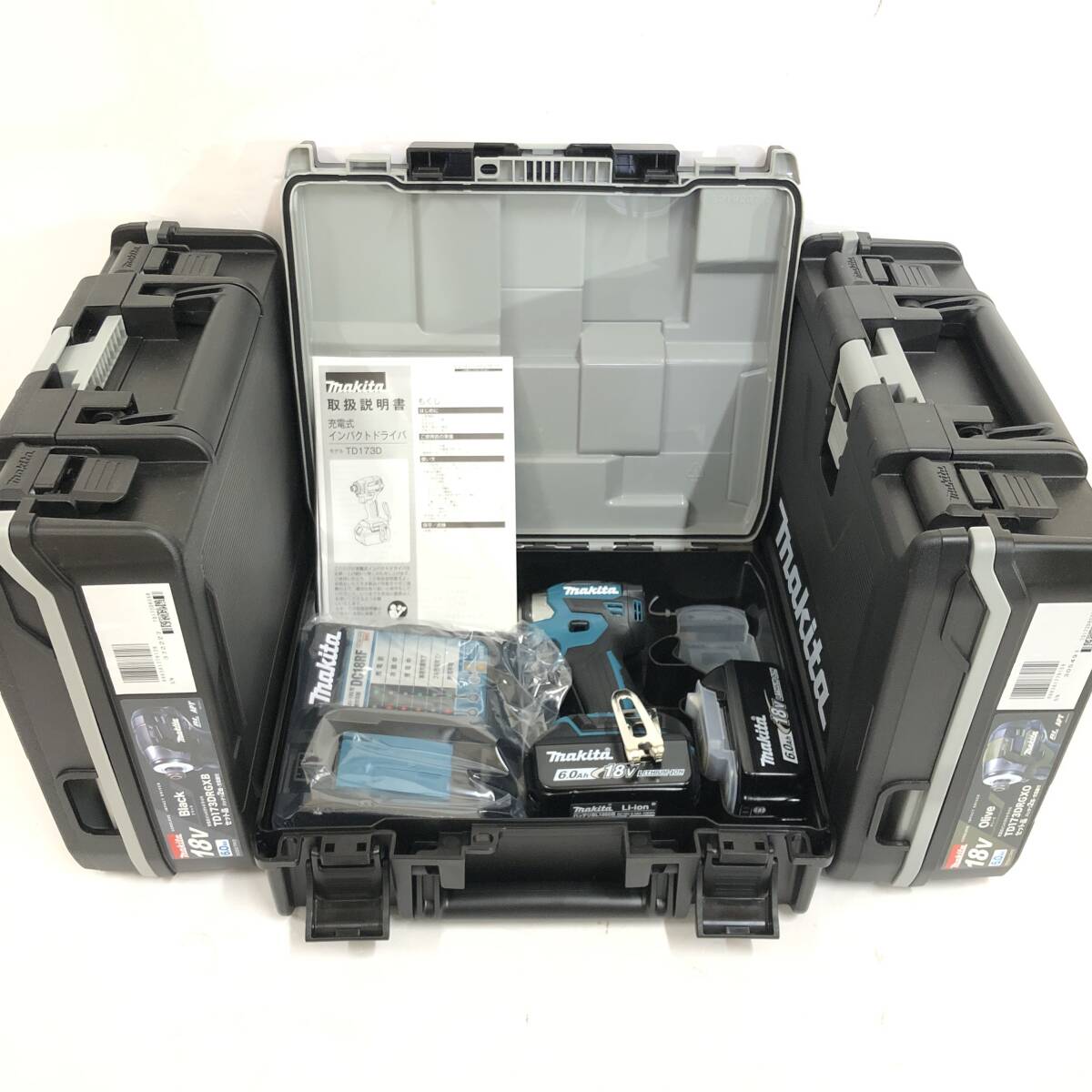 【3台まとめ】makita TD173DRGX 充電式インパクトドライバ 18V 6.0Ah ブルー ブラック カーキ 充電器 DC18RF 純正バッテリ BL1860B 2個の画像1