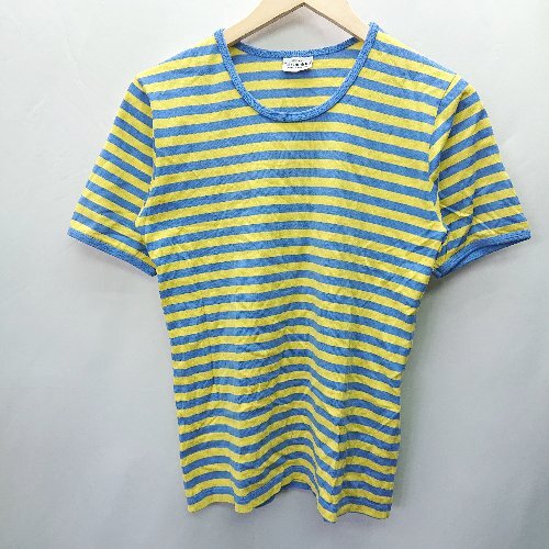 ◇ marimekkoマリメッコ ボーダー柄 カジュアル クルーネック 半袖 Tシャツ サイズXS イエロー ブルー レディース E_画像1