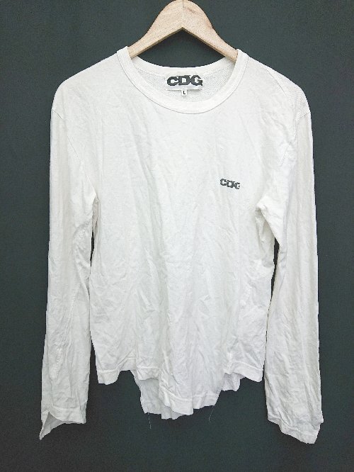 ◇ CDG COMME des GARCONS コムデギャルソン ワンポイント コットン100% 長袖 Ｔシャツ サイズL ホワイト メンズ P_画像1