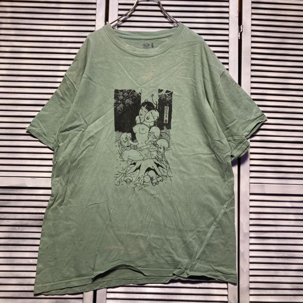 AGDQ 1スタ 緑 アート Tシャツ 春画 江戸時代 昔 絵画 ピンナップガール 90s 00s ビンテージ アメリカ 古着 ベール 卸 仕入れの画像2