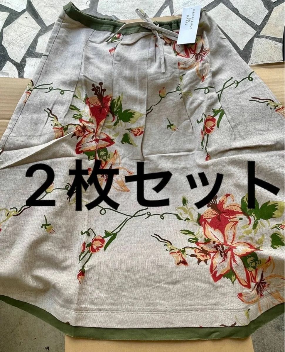 2枚セット ママイクコ スカート 綿麻 赤花柄 カーキ サイズ38