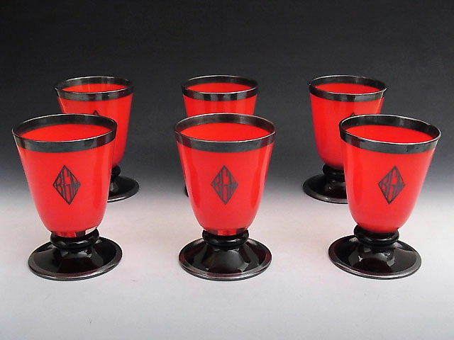 【初回限定】 モノグラム入り 真紅 ボヘミアン グラス 6個 ◆ チェコスロバキア 工芸ガラス