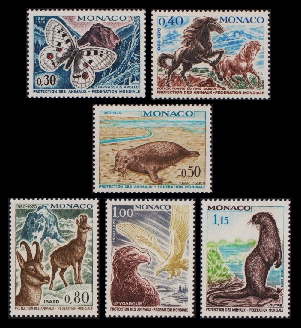 cκ121y5-6M　モナコ1970年　蝶や馬など生き物・6枚完_画像1