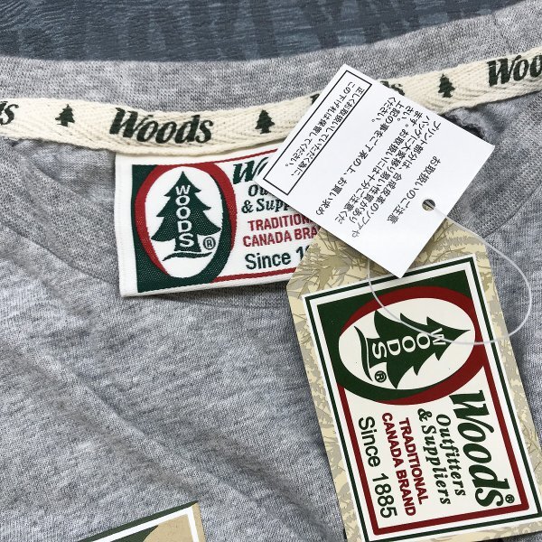 タグ付き新品！WOODS メンズ ビッグロゴプリント ロンT 長袖Tシャツ 綿 M(88-96) 杢グレー_画像2