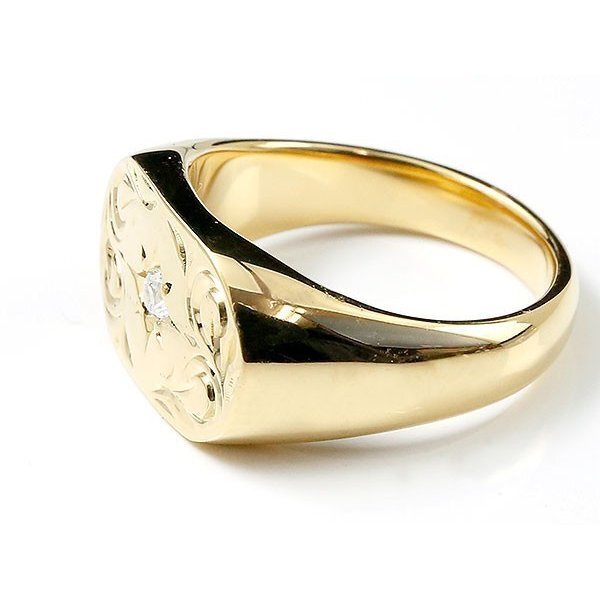 ハワイアンジュエリー メンズ リング ダイヤモンド イエローゴールドk10 印台 指輪 幅広 ハワイアン スクロール ダイヤ 一粒 10金_画像2