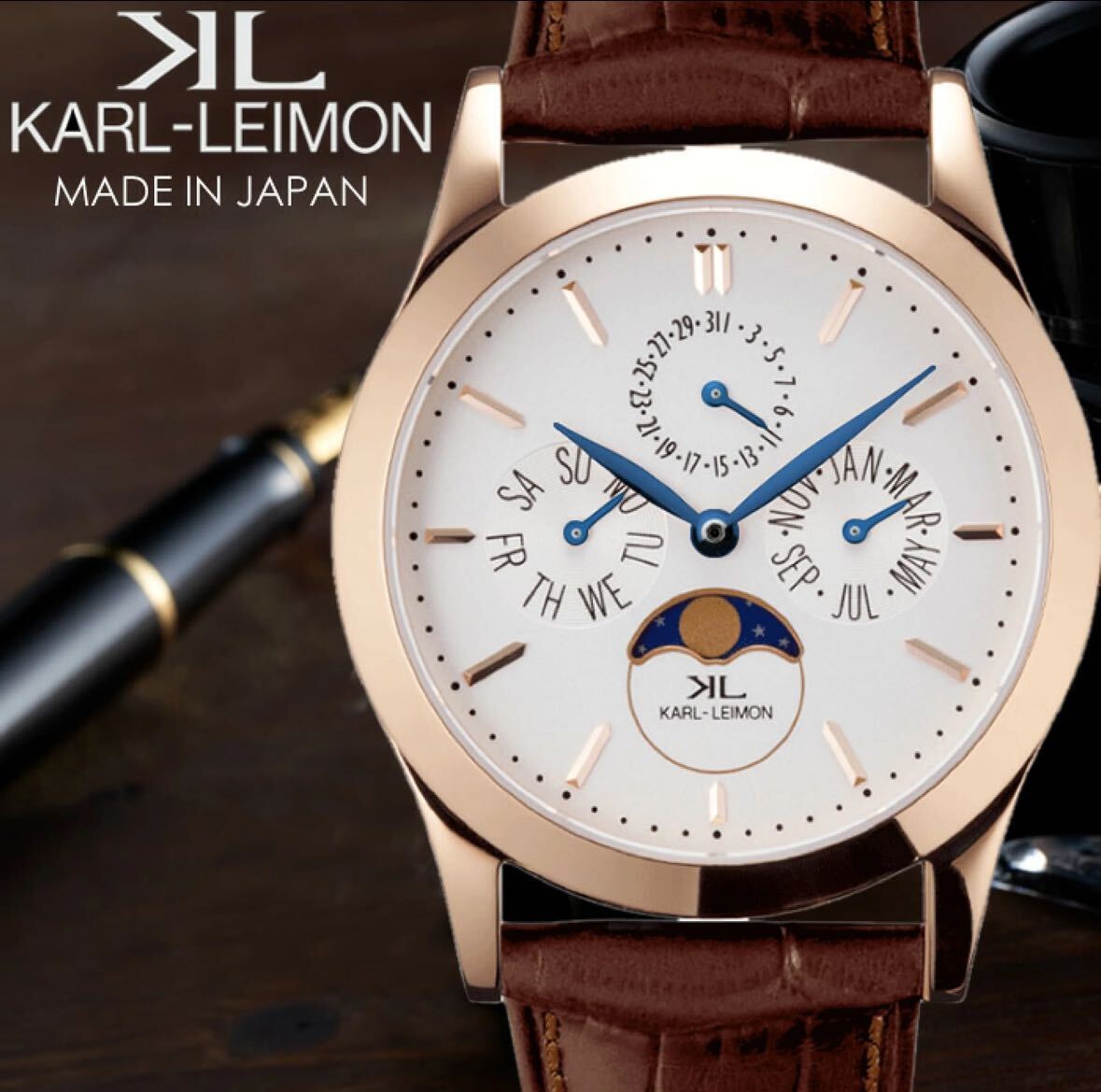 karu Laymon KARL-LEIMON наручные часы мужской Classic moon phase кожа ремень кожа rose Gold IP голубой игла Karl Laymon 