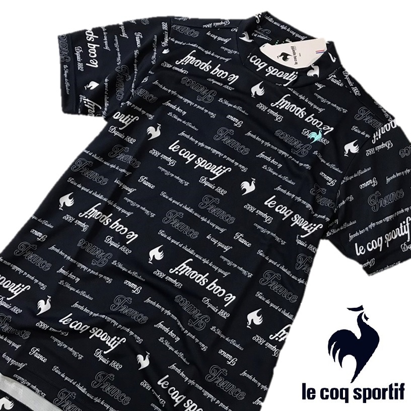 【新品】メンズM★le coq sportif GOLF（ルコックスポルティフゴルフ）高速DRY総柄ストレッチモックネックシャツ/ネイビーの画像1