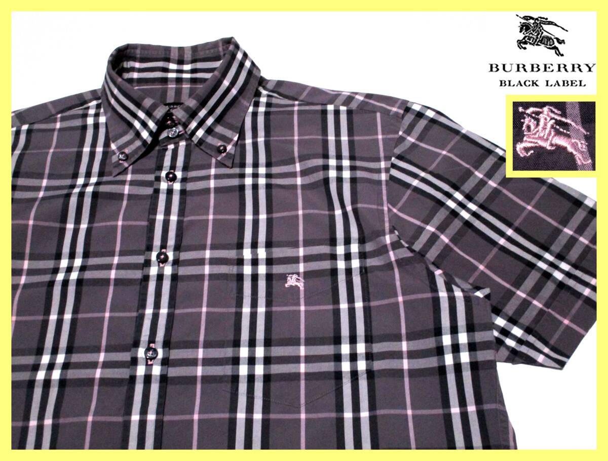 大人気 L(3)極美品 バーバリーブラックレーベル BURBERRY BLACKLABEL ホース刺繍 ノバチェック総柄デザイン ボタンダウンシャツ 日本製 夏