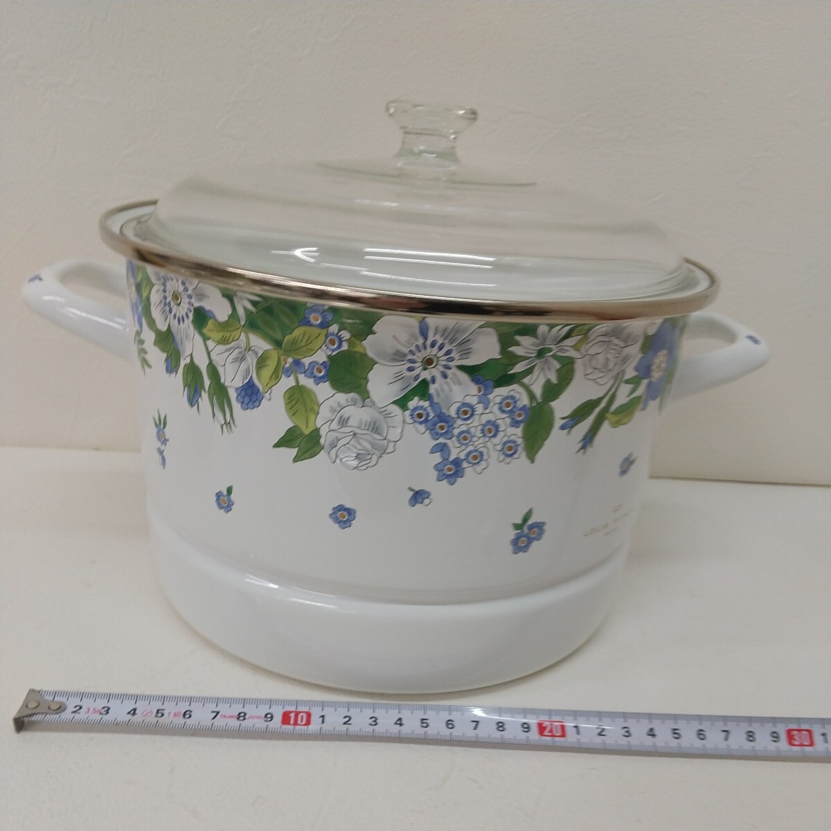 500　中古　LOUIS PITAUD／ルイピトー　ホーロー茶碗蒸しセット　LPグリーンオブリヨン　SIZE24cm　蒸し器　花柄　両手鍋　GL-60-3　_画像2