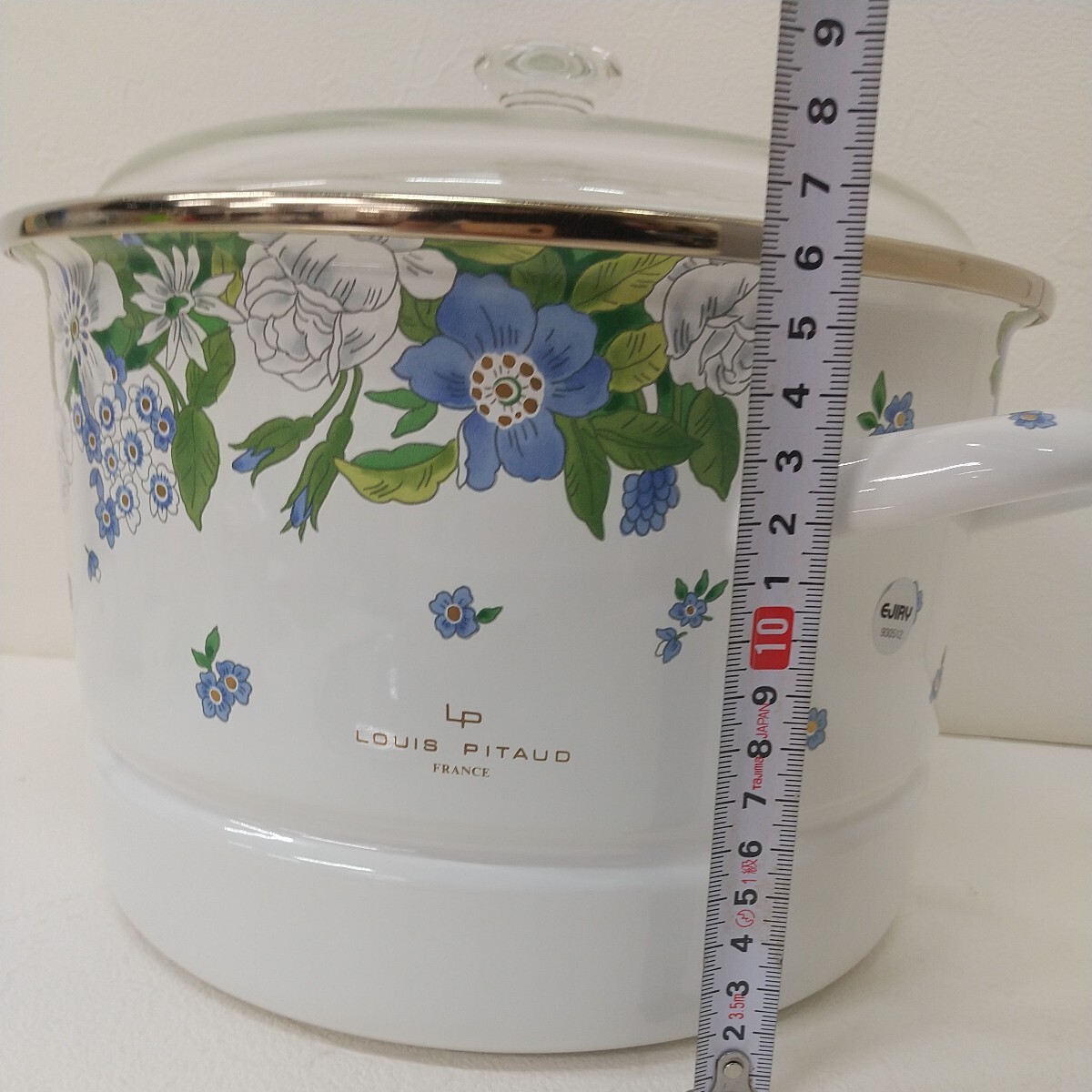 500　中古　LOUIS PITAUD／ルイピトー　ホーロー茶碗蒸しセット　LPグリーンオブリヨン　SIZE24cm　蒸し器　花柄　両手鍋　GL-60-3　_画像3