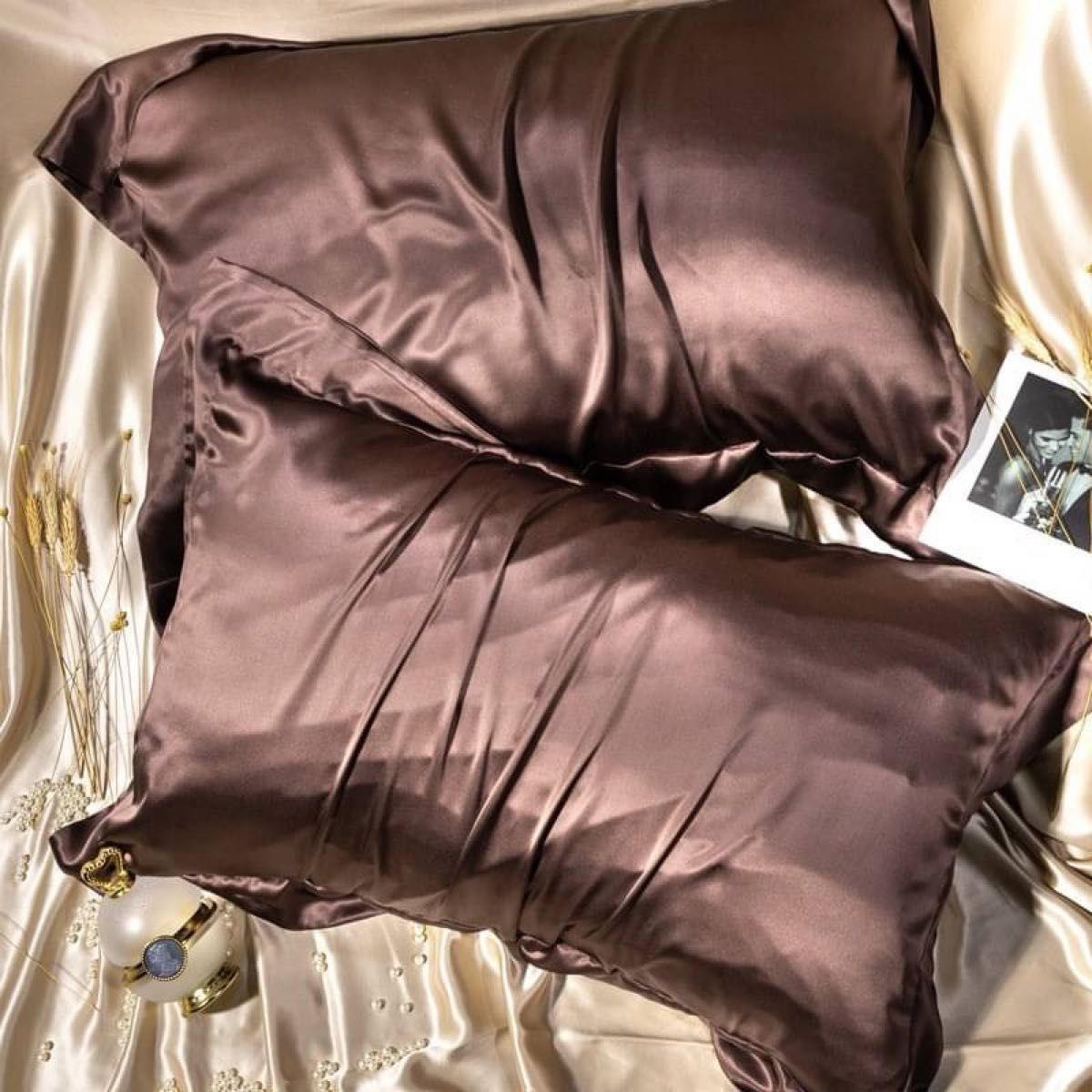 シルク枕カバー 高級 睡眠上質 保湿 寝ている間にヘアケア 美髪 48×74cm 2枚セット! 静電気防止　ブラウン2枚セット