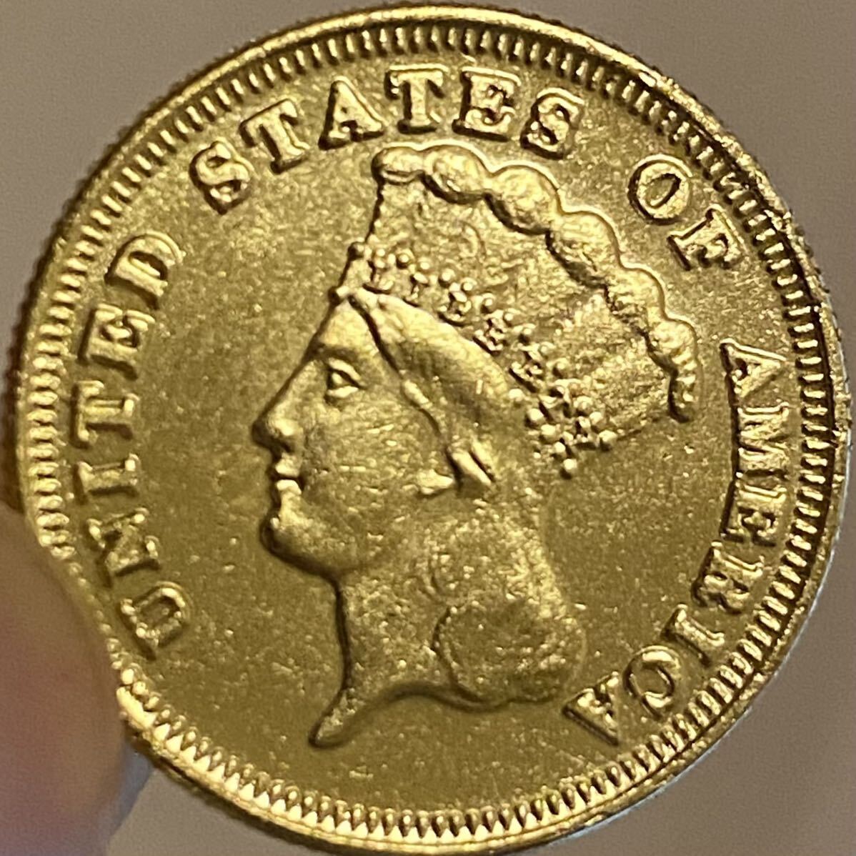 アメリカ古銭　3ドル金貨　約3.90g 小型　1854d 一円貨幣　硬貨骨董品コインコレクション_画像1