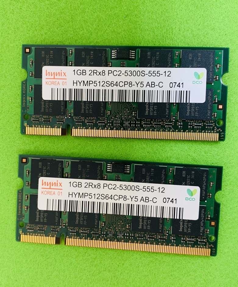 HYNIX 2rx8 PC2-5300S 1GB 2枚で 2GB DDR2 667 666 1GB 2枚 2GB 200ピン ECC無し DDR2 ノート用メモリ LAPTP RAM 中古動作確認済み_画像1