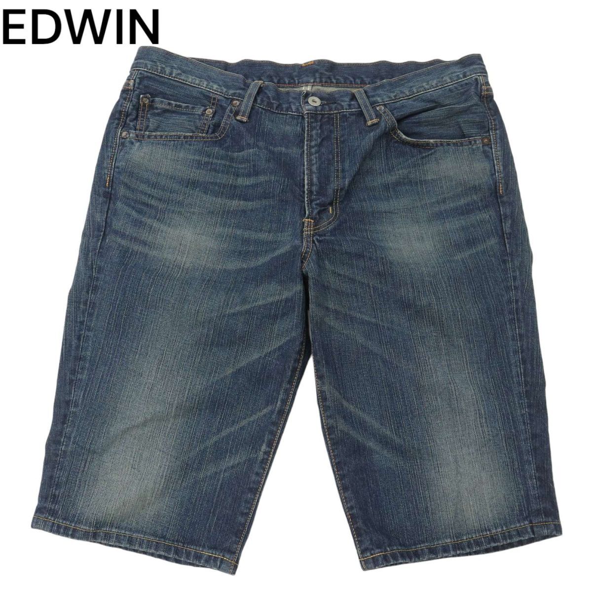 EDWIN エドウィン 593VG 春夏 牛革パッチ★ USED加工 ハーフ ショート デニム パンツ Sz.36　メンズ 大きいサイズ　C4B02079_5#P_画像1