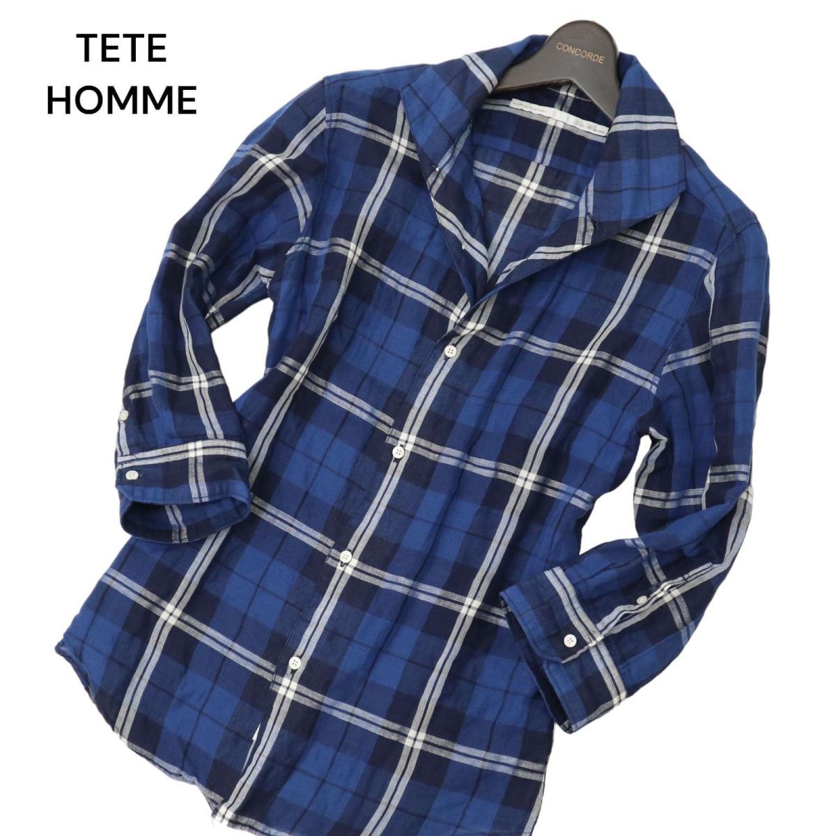 TETE HOMME テットオム 春夏 7分袖 【麻 リネン】 チェック シャツ Sz.5　メンズ ネイビー 日本製　C4T04400_5#A_画像1