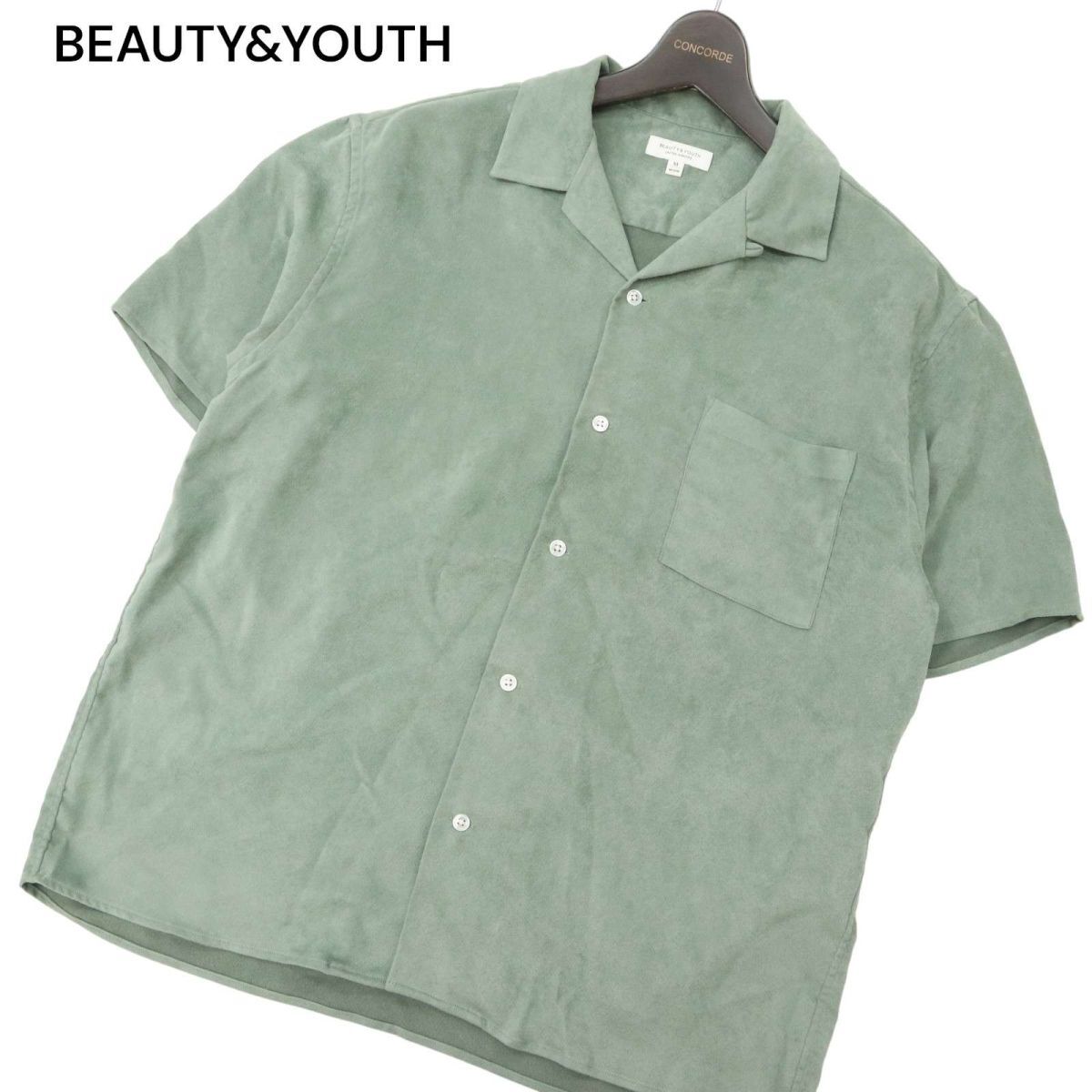 美品★ BEAUTY&YOUTH ユナイテッドアローズ 半袖 【フェイク スウェード レザー】 オープンカラー シャツ Sz.M　メンズ　C4T04418_5#C_画像1