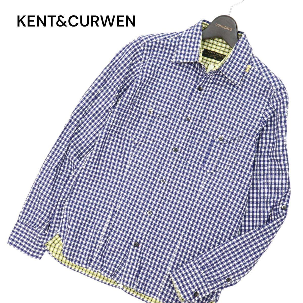 KENT&CURWEN ケント&カーウェン 通年 長袖 刺繍★ チェック ワーク シャツ Sz.M　メンズ 日本製 ネイビー　C4T03231_4#C_画像1