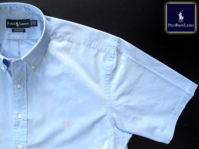 *100 иен старт! Ralph Lauren RALPH LAUREN кнопка down рубашка короткий рукав XLT размер редкий товар Ralf premium * голубой 
