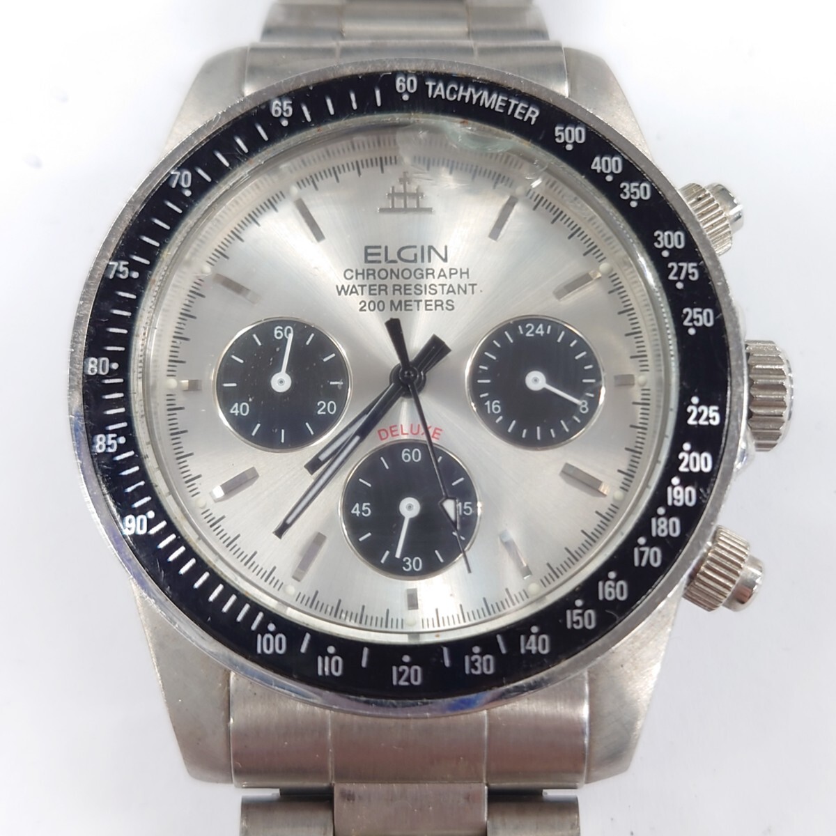 I1072 腕時計 ELGIN DELUXE 200METERS エルジン クロノグラフ FK-1106-E 中古 ジャンク品 訳あり_画像2