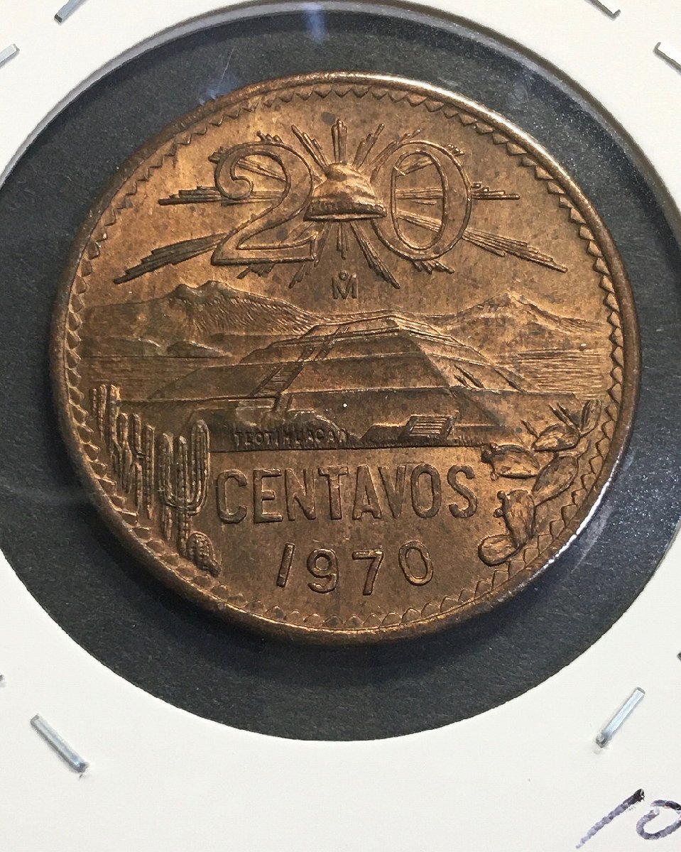 メキシコ銅貨 20センタボ 1970年 Bronze 量目10g 未使用極美 収集ワールド_画像2