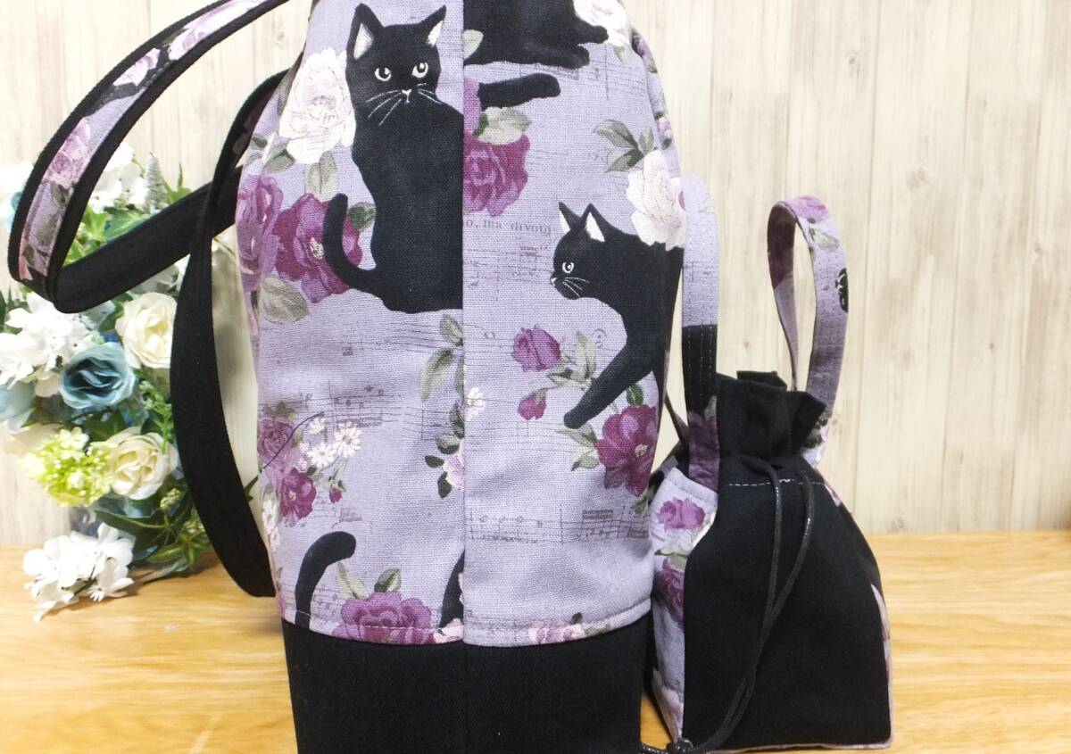 ハンドメイドバック　大きめトートバッグセット　ショルダーバッグ　巾着バック付き　　ガーリー・キャット紫　m+3g._画像6