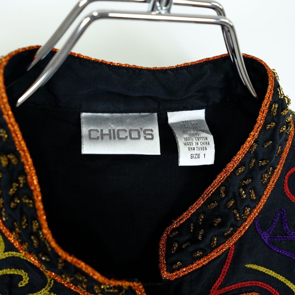 1990s Chico's 総刺繍　マオカラージャケット　ハンドメイド　古着屋　チコズ　デザイン　アート　ハンドメイド