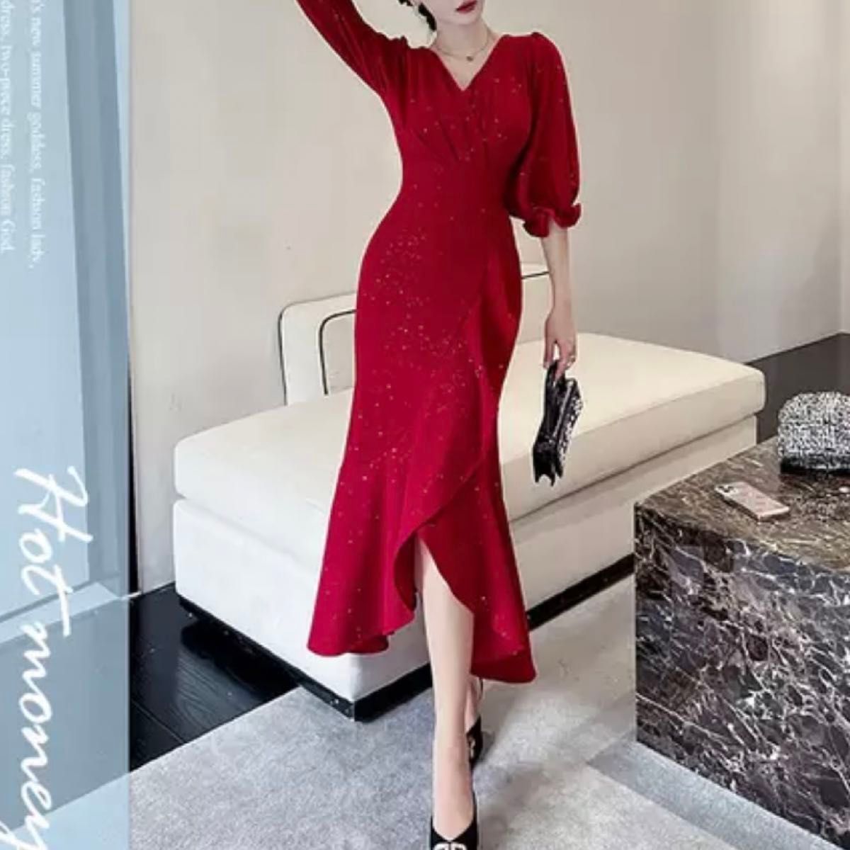 インポート ワンピース ドレス 赤 レッド ラメマーメイド ワンピ スカート 可愛い 上品