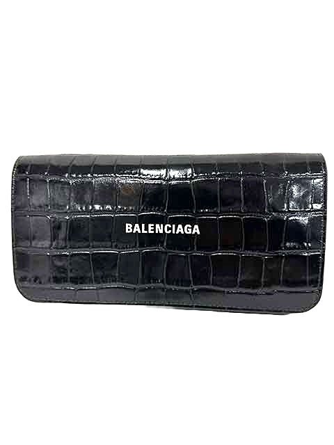 【中古】BALENCIAGA バレンシアガ 財布 長財布 レディース クロコ型押し ブラック レザー_画像1