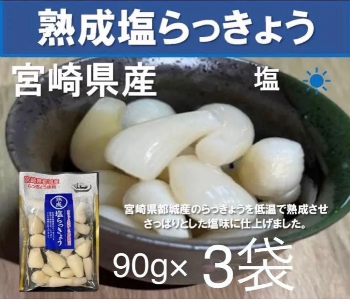 【宮崎のお漬物】熟成・塩らっきょう（塩漬け）90g 3袋 上沖産業さっぱり塩味