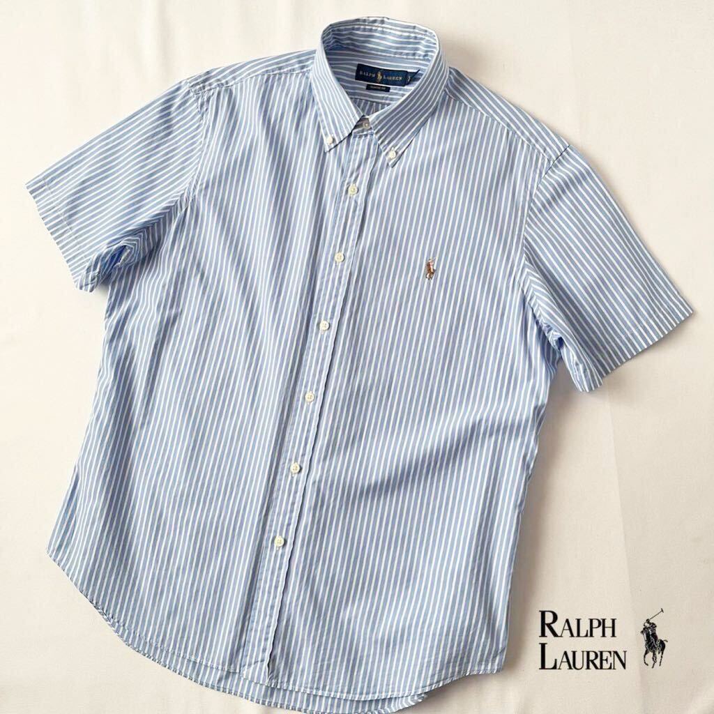 ラルフローレン RALPH LAUREN ボタンダウン ストライプ 半袖シャツ L 180/100A (日本XL) CLASSIC FIT オーバサイズ シャツ ブルー 白_画像2