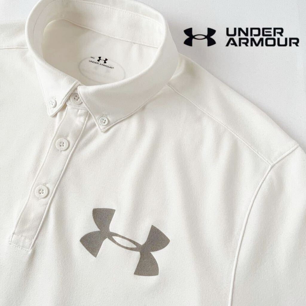 アンダーアーマー UNDER ARMOUR ボタンダウン 吸汗速乾 ストレッチ ポロシャツ MD (日本L) オフ ホワイト ビッグロゴ 半袖 シャツ の画像1