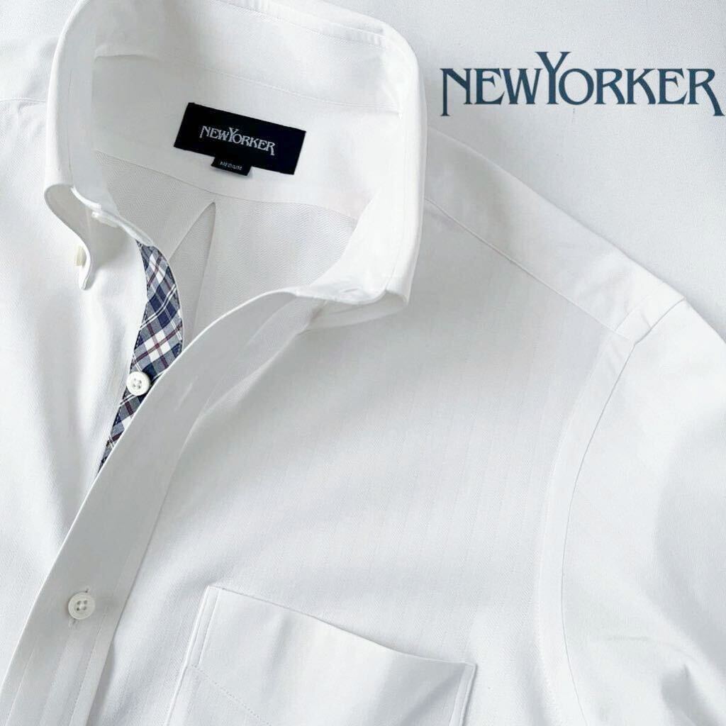 (美品) ニューヨーカー NEWYORKER ボタンダウン ヘリンボーン 長袖シャツ M ホワイト ストライプ シャツ の画像1
