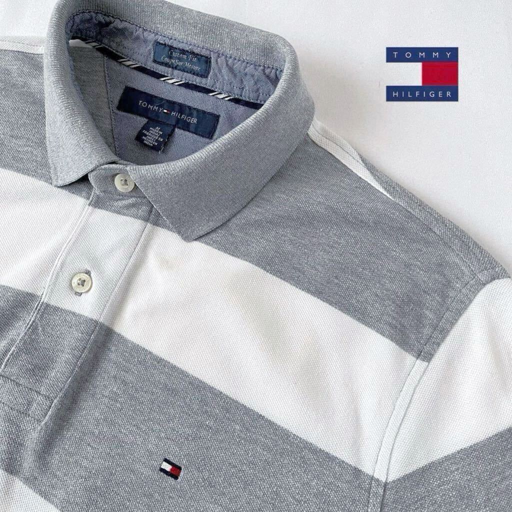 トミーヒルフィガー TOMMY HILFIGER ボーダー柄 ポロシャツ M (日本L) グレー ホワイト 半袖 鹿の子 シャツ _画像1