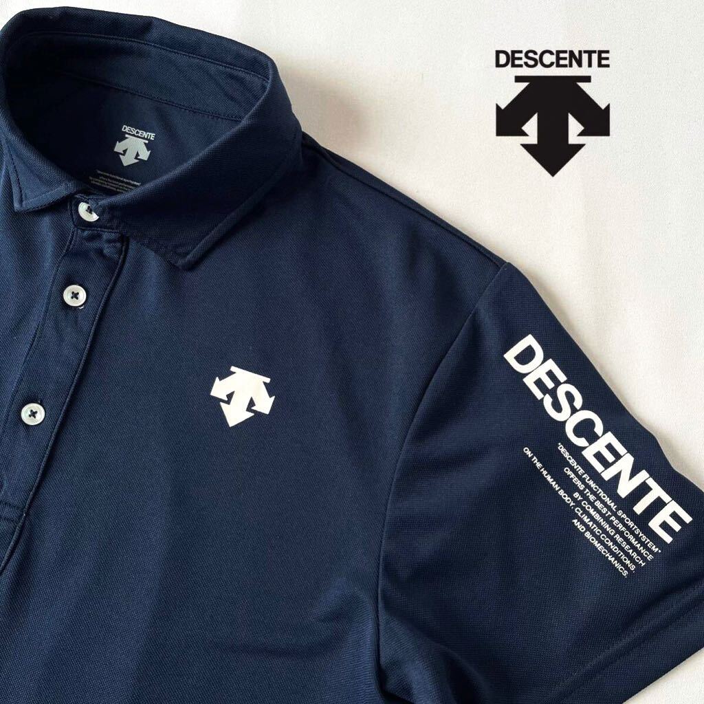 (美品) デサント DESCENTE 吸水速乾 ポロシャツ O (XL) ネイビー ホワイト 半袖 シャツ _画像1