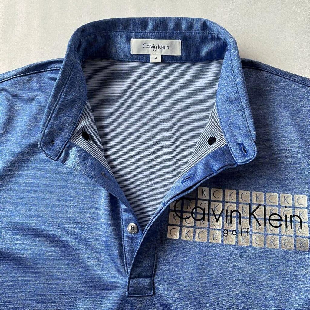 (美品) カルバンクライン ゴルフ Kalvin Klein golf 吸汗速乾 ボタンダウン ポロシャツ M ブルー シルバー サラサラ 比翼仕立 半袖 シャツ_画像6