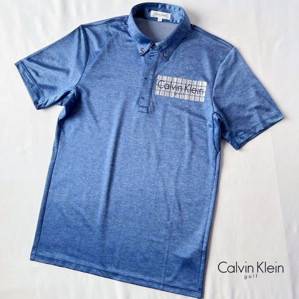 (美品) カルバンクライン ゴルフ Kalvin Klein golf 吸汗速乾 ボタンダウン ポロシャツ M ブルー シルバー サラサラ 比翼仕立 半袖 シャツ_画像2