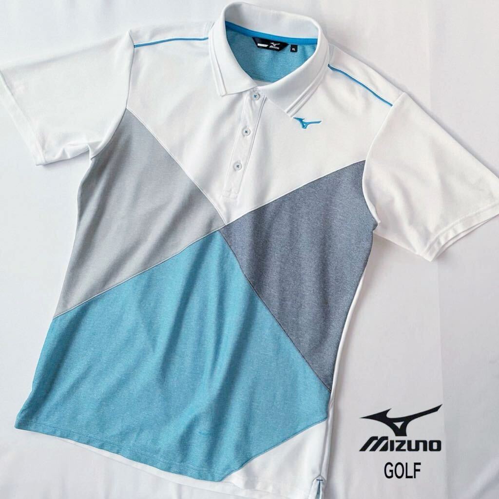 ミズノ ゴルフ MIZUNO GOLF 吸汗速乾 ポロシャツ XL ホワイト ブルー グレー 半袖 シャツ ゴルフウェア_画像2