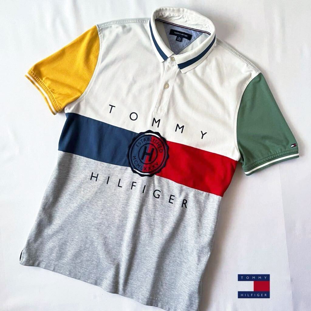 トミー ヒルフィガー TOMMY HILFIGER マルチカラー ポロシャツ XL 半袖 ビッグロゴ 刺繍 シャツ _画像2